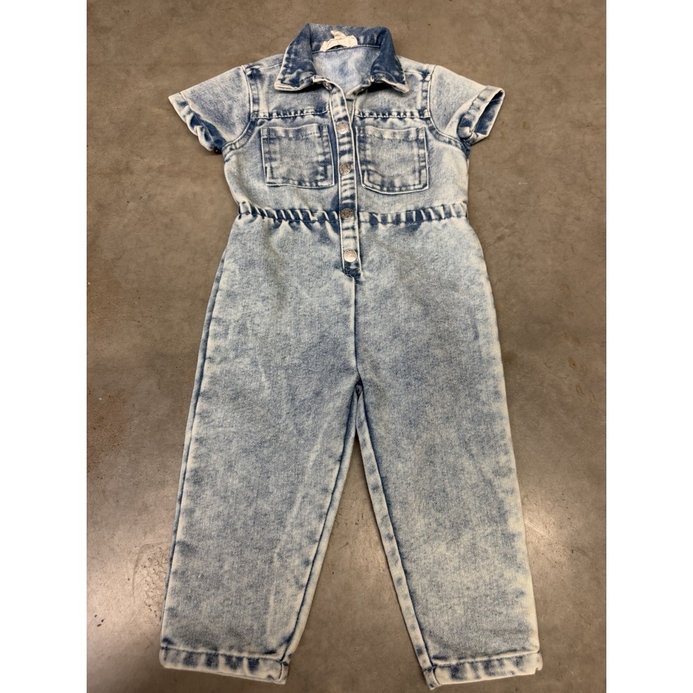 Jessica Simpson Girls 2T Acid Wash Denim Jumpsuit Romper ShortSleeve Blue A52009